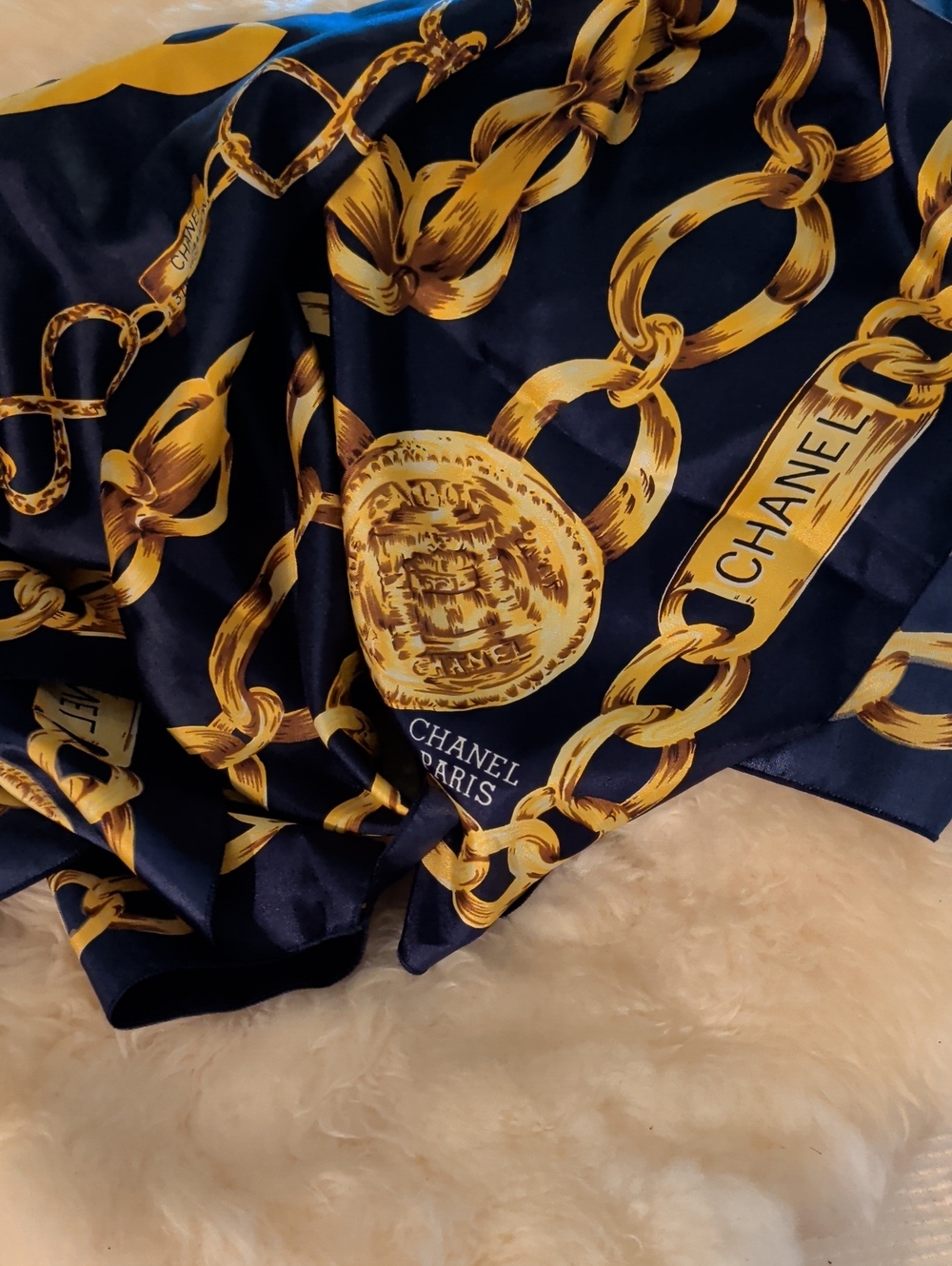CHANEL Women's Navy and Gold Chain Print Silk Scarf